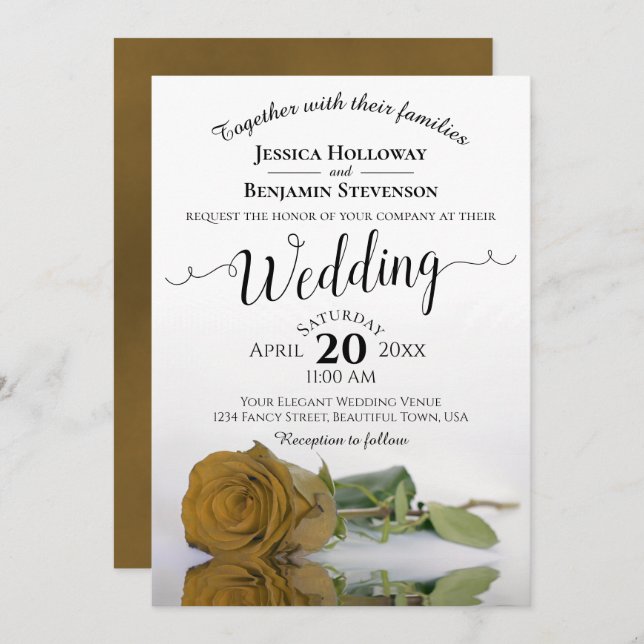 Elegant Long Stemmed Golden Rose Chic Wedding Invitation (Front/Back)