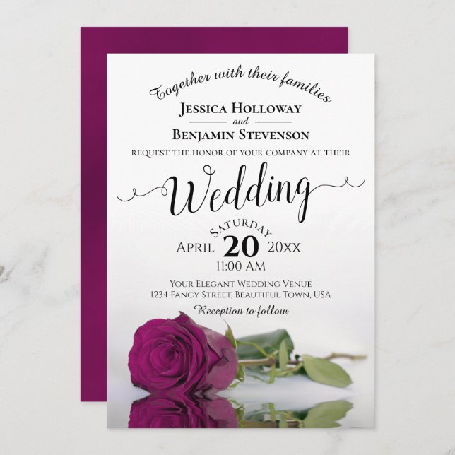 Elegant Long Stemmed Magenta Rose Wedding Invitation (Front/Back)