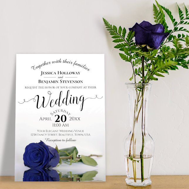 Elegant Long Stemmed Navy Blue Rose Wedding Invitation (Creator Uploaded)