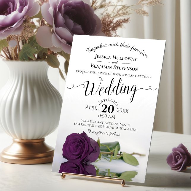 Elegant Long Stemmed Plum Purple Rose Wedding Invitation (Creator Uploaded)