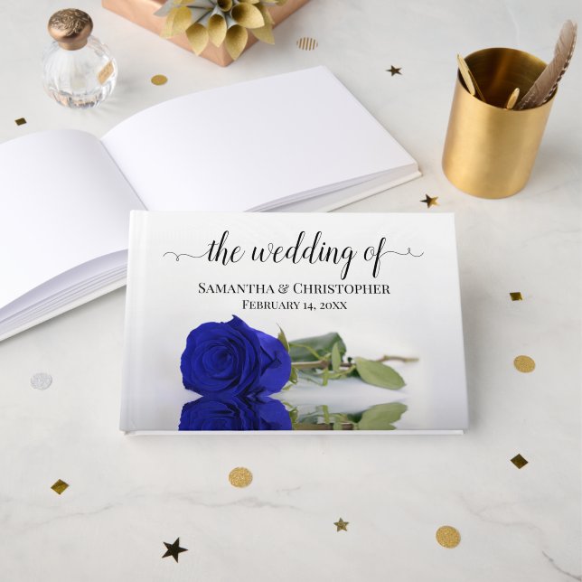 Elegant Long Stemmed Royal Blue Rose Wedding Guest Book (Front Open)