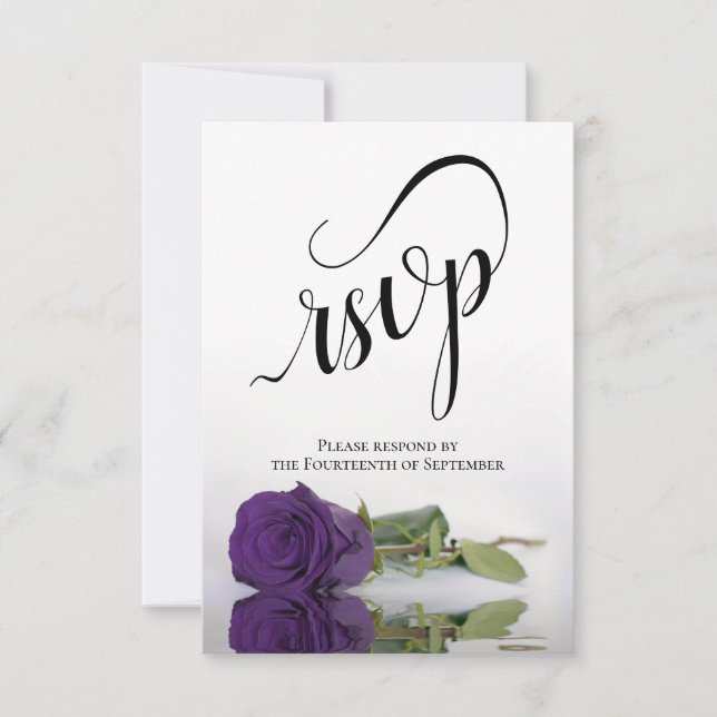 Elegant Long-Stemmed Royal Purple Rose Wedding RSVP Card (Front)