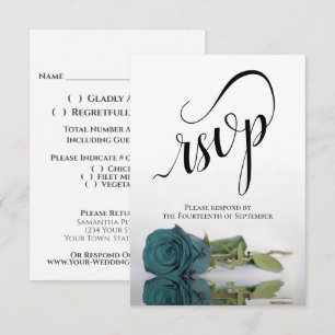 Elegant Long-Stemmed Teal Rose Wedding RSVP Card