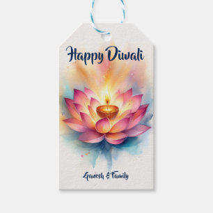 Elegant Lotus and Diya Diwali Gift Tags