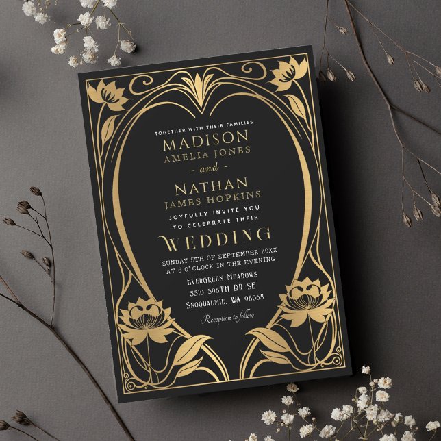 Elegant Lotus Art Nouveau Wedding Invitation (Creator Uploaded)