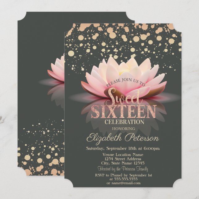 Elegant Lotus Dots  Sweet 16 Invitation (Front/Back)