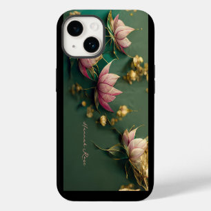 Elegant Lotus Floral Pink & Gold Monogram iPhone 14 Case