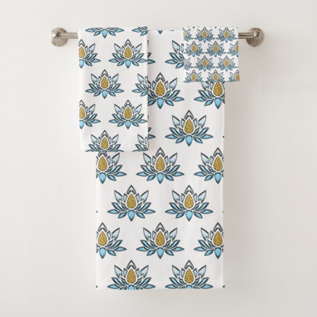 Elegant Lotus Flower Blue Silver Gold Zen Yoga Bath Towel Set (Insitu)