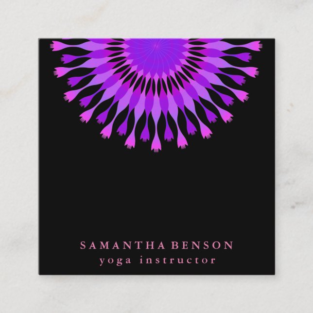Elegant Lotus Flower Logo Yoga Black Background Square Business Card (Front)