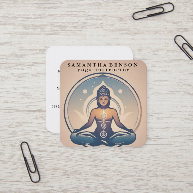 Elegant Lotus Flower Logo Yoga Square Business Card (Front/Back In Situ)