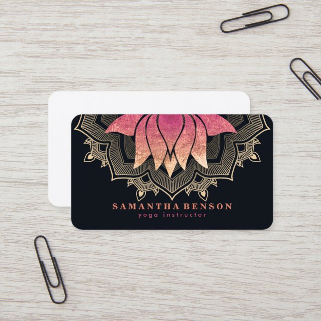 Elegant Lotus Flower Mandala Logo Yoga Instructor  Business Card (Front/Back In Situ)