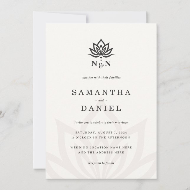 Elegant lotus flower monogram light neutral ivory invitation (Front)