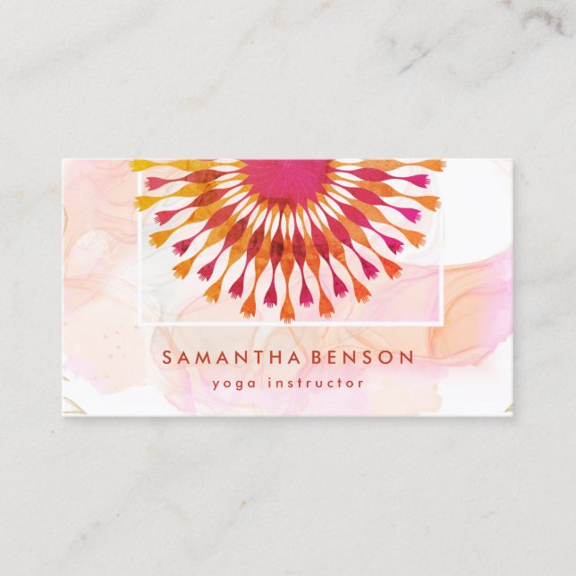 Elegant  Lotus Flower White Marble Yoga Instructor Business Card (Front)