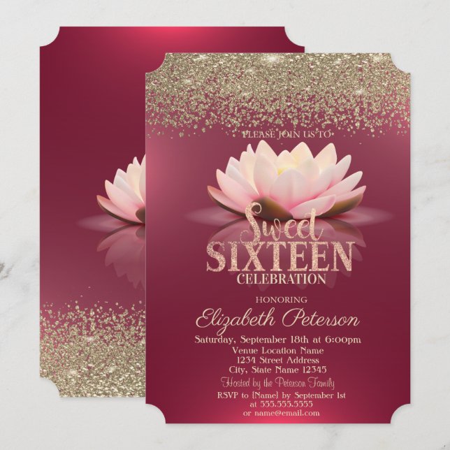 Elegant Lotus Gold Confetti Diamonds Red Sweet 16 Invitation (Front/Back)