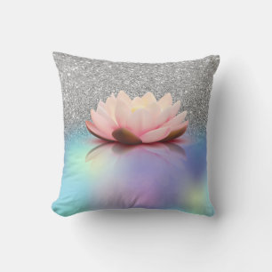 Elegant Lotus Silver Glitter Bokeh Holographic Cushion