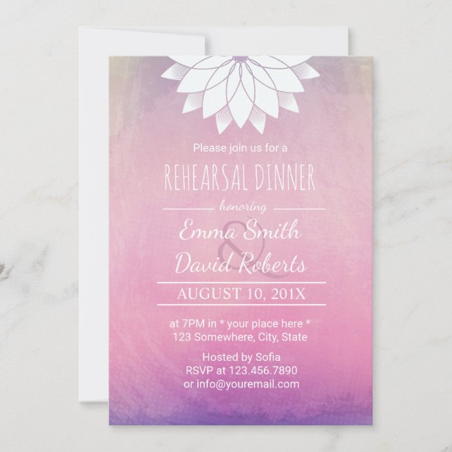 Elegant Lotus Watercolor Wedding Rehearsal Dinner Invitation (Front)