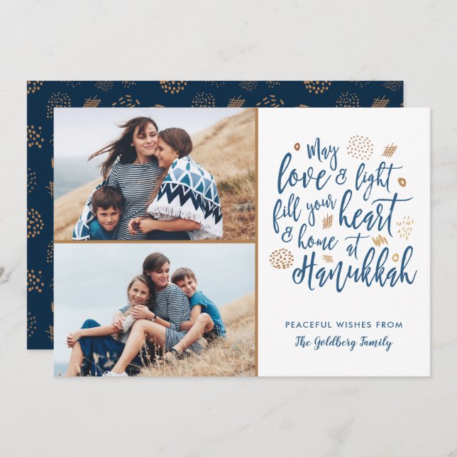 Elegant Love and Light Hanukkah 2 Photo Holiday Card (Front/Back)