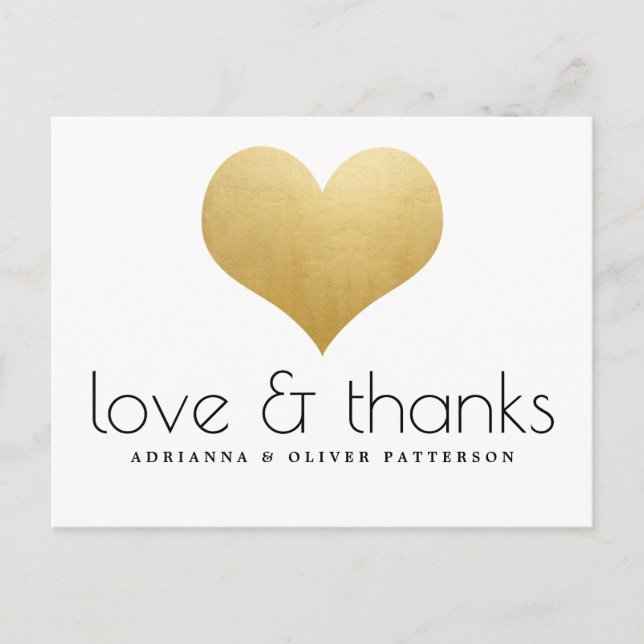Elegant Love And Thanks Faux Gold Foil Heart Postcard (Front)