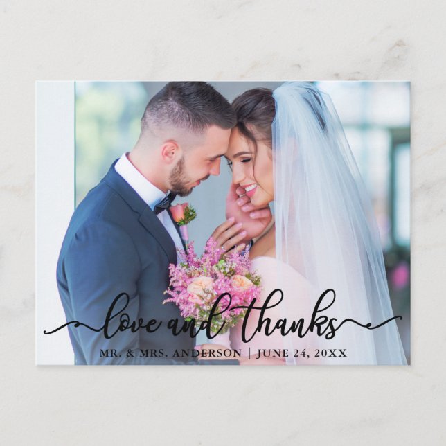 Elegant Love and Thanks Script Wedding Photo Blk Postcard (Front)