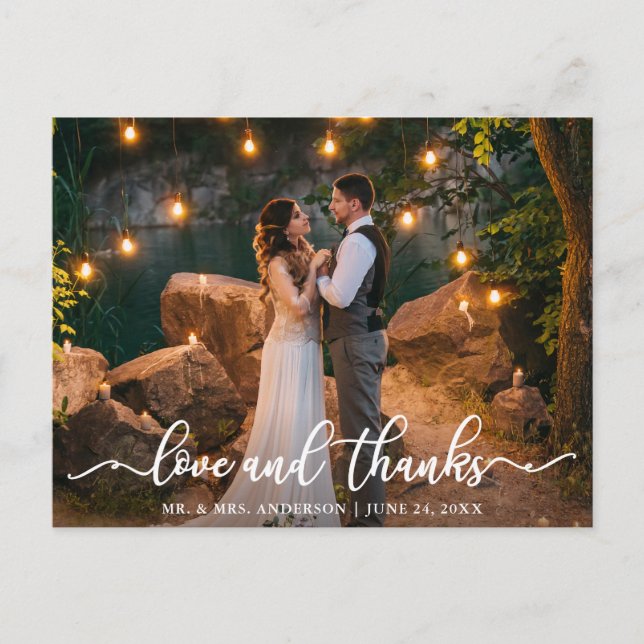 Elegant Love and Thanks Script Wedding Photo Postcard (Front)