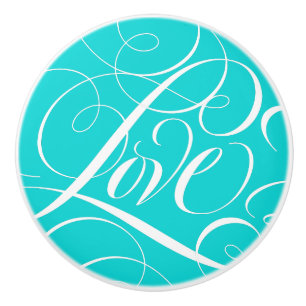 Elegant LOVE Calligraphy Script Aqua Teal Blue Gre Ceramic Knob