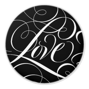 Elegant LOVE Calligraphy Script Black White Fancy Ceramic Knob