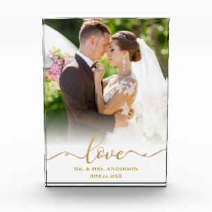 Elegant Love Gold Script Mr. and Mrs. Wedding Photo Block