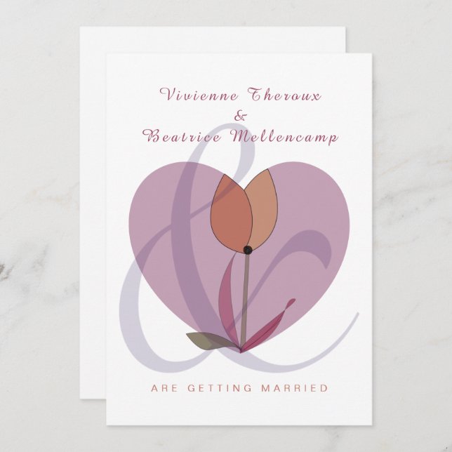 Elegant love heart lesbian wedding invitation (Front/Back)