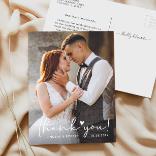 Elegant Love Heart Script Wedding Photo Thank You Postcard