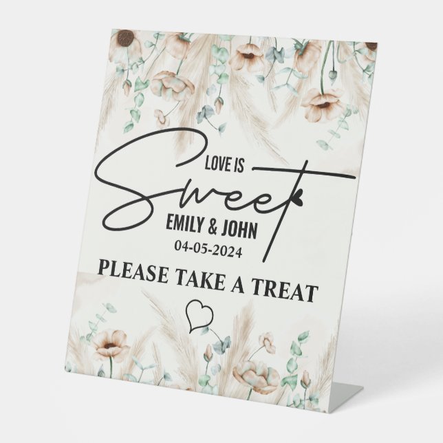 Elegant Love Is Sweet calligraphy Heart Boho Pedestal Sign (Front)