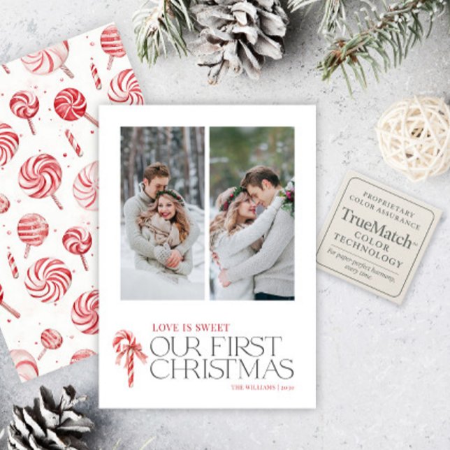 Elegant Love Is Sweet First Christmas Red 2 Photo Holiday Card (Creator Uploaded)