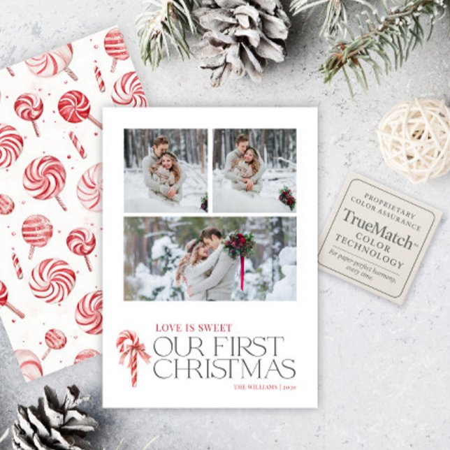 Elegant Love Is Sweet First Christmas Red 3 Photo Holiday Card (Creator Uploaded)