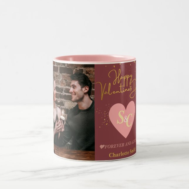 Elegant Love Monogram valentine's day couple photo Two-Tone Coffee Mug (Center)