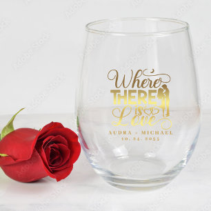 Elegant Love Quote Gold Calligraphy Wedding Stemless Wine Glass