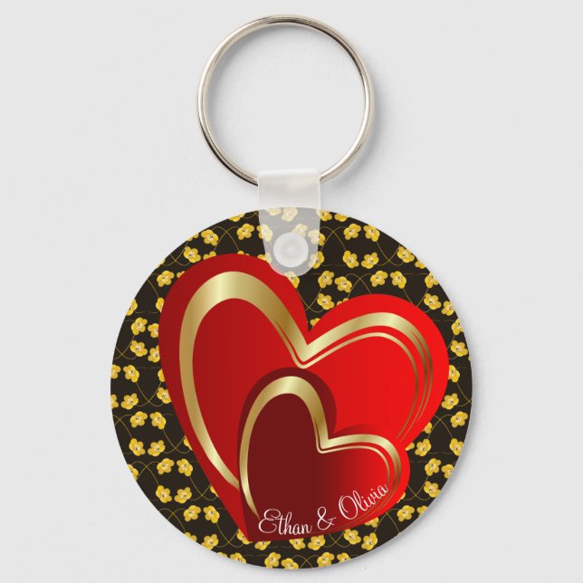 Elegant Love Red Hearts Personalised Wedding  Key Ring (Front)