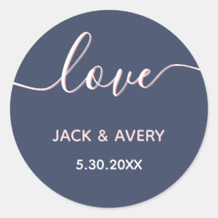 Elegant Love Script Navy & Blush Wedding Date Classic Round Sticker