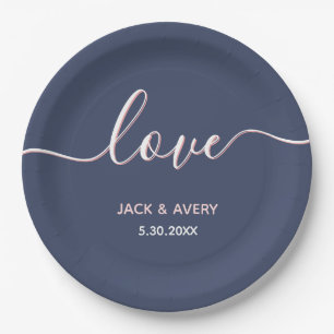 Elegant Love Script Navy & Blush White Wedding Paper Plate