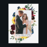 Elegant Love Thanks Watercolor Mixed Floral Postcard<br><div class="desc">Elegant Watercolor Burgundy Pink Floral and Greenery Bride and Groom Love and Thanks Wedding Photo Thank You Postcard includes burgundy and pink roses,  blue flowers,  sunflowers,  botanical greenery and eucalyptus leaves.</div>