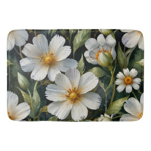 Elegant Lovely White Flowers Watercolor Chic Bath Mat
