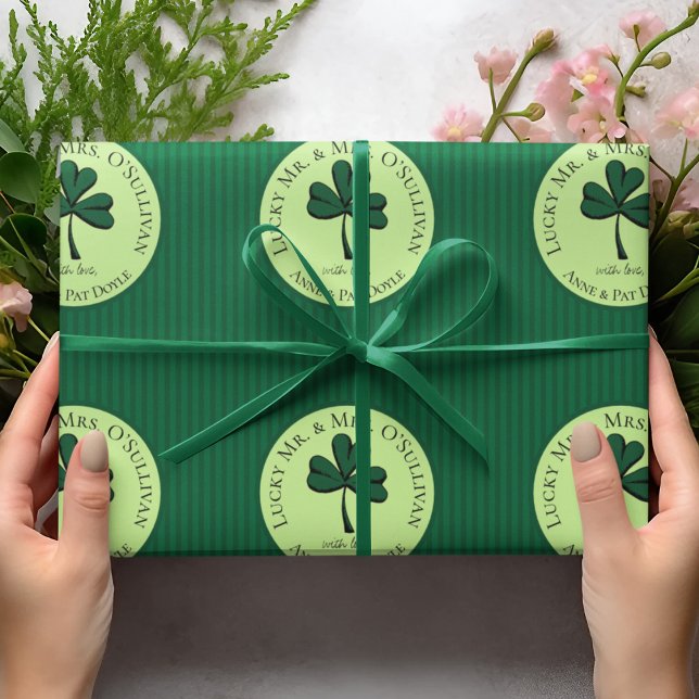 Elegant Lucky Bride and Groom Green Stripes Clover Wrapping Paper (Elegant Lucky Mr and Mrs / Bride and Groom Green Stripes Pattern for Newlyweds. Lucky Green Clover.)