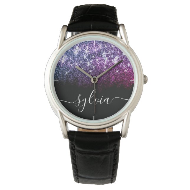 Elegant Luminous Dark Purple Glitter Custom Name Watch (Front)