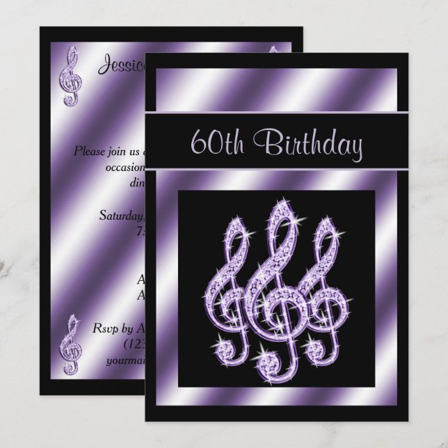 Elegant, Luscious Lilac Treble Clefs 60th Birthday Invitation (Front/Back)