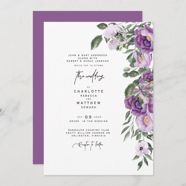 Elegant Lush Lavender Floral Both Parents Wedding  Invitation (Front/Back)