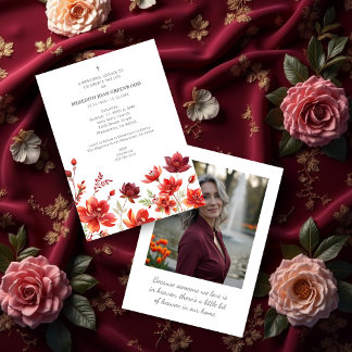 Elegant Lush Minimalist Floral In Dark Red Funeral Invitation