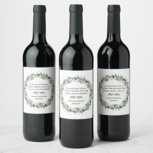Elegant Lush Watercolour Olive Branches Wreath Wine Label