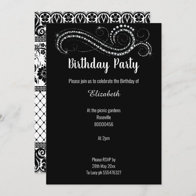 ELEGANT LUXE BLACK LACE DIAMOND  INVITATION (Front/Back)
