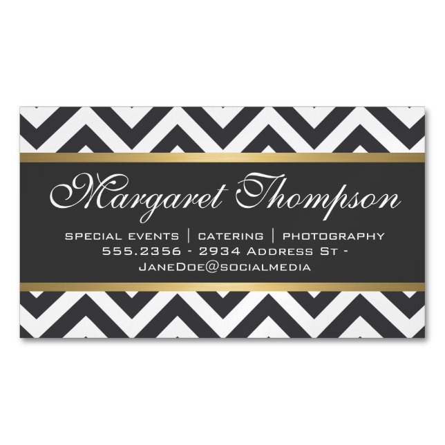 Elegant Luxe Chevron Pattern Gold Trim Magnetic Business Card (Front)