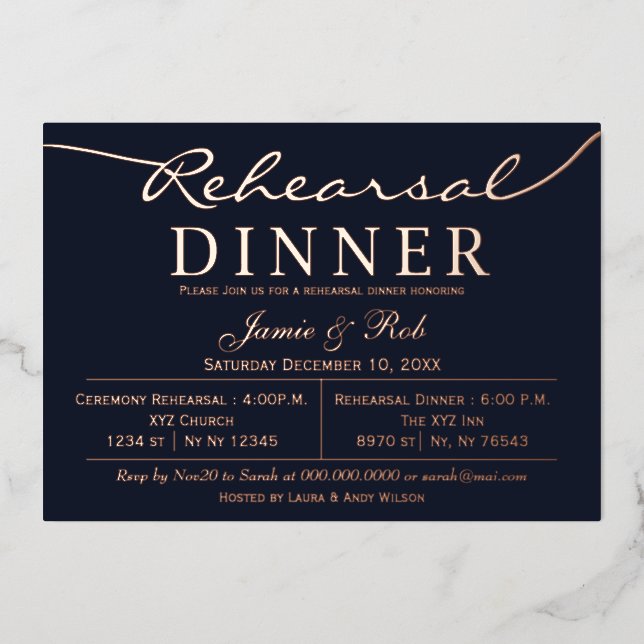 Elegant Luxe Navy Rose Gold Rehearsal Dinner  (Front)