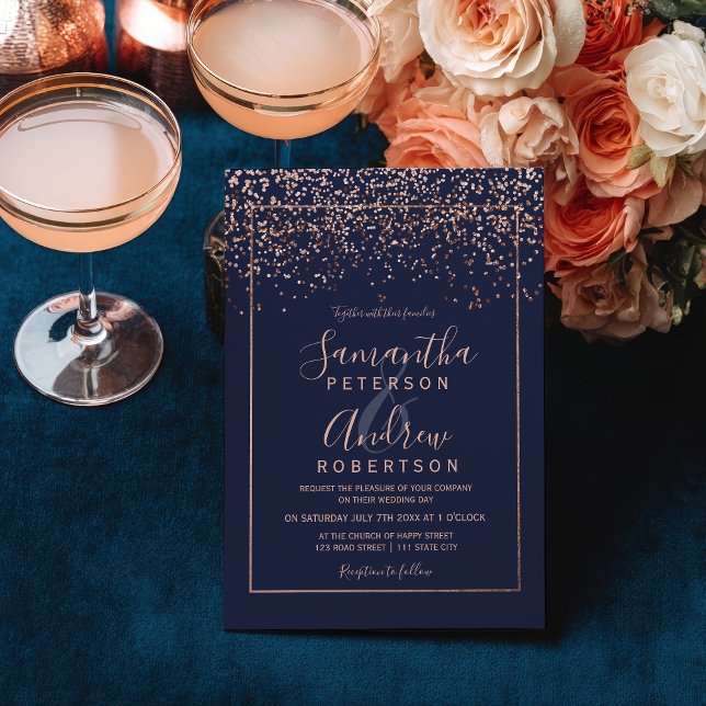 Elegant Luxe Rose gold confetti navy blue wedding Invitation (Elegant Luxe Rose gold confetti navy blue wedding Invitation)