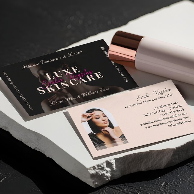 Elegant Luxe Spa Skincare Esthetician Black Pink Business Card (Elegant Luxe Spa Skincare Esthetician Black Pink Business Card)
